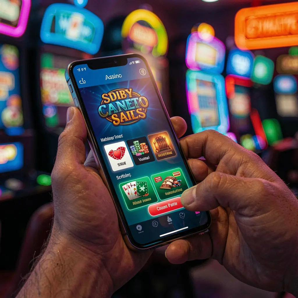 Modern smartphone displaying colorful slot game reels inside the 995BDT casino app with blurred neon city lights in the background