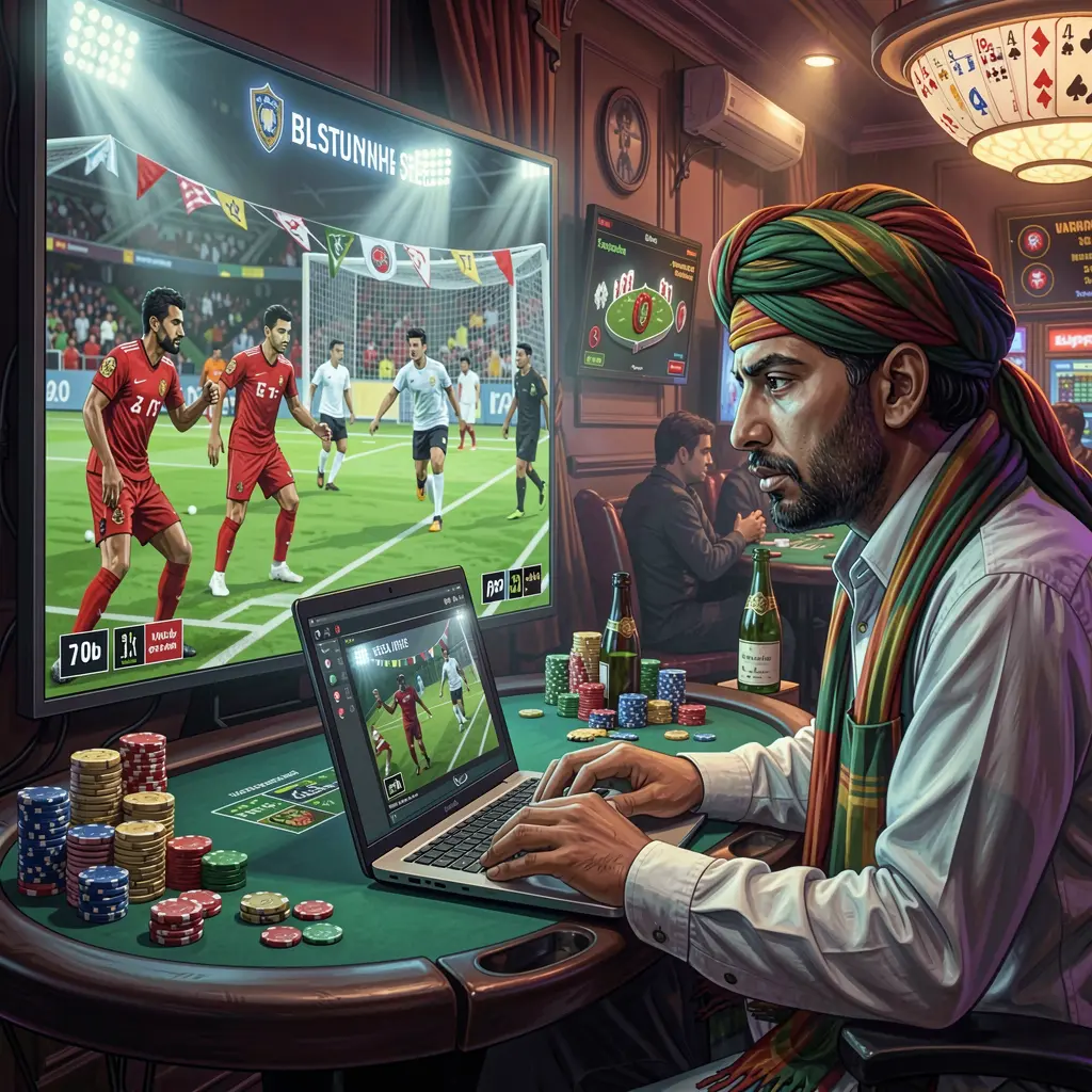 Experienced Bangladeshi sports bettor using a laptop with live match odds while watching a football game on TV, showcasing professional betting on 995BDT
