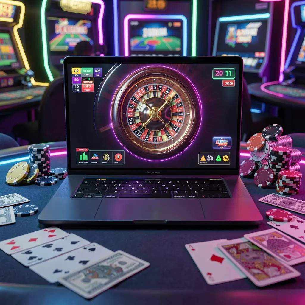 Modern laptop displaying a vibrant online roulette wheel surrounded by casino chips and cards representing immersive digital gaming on 995BDT