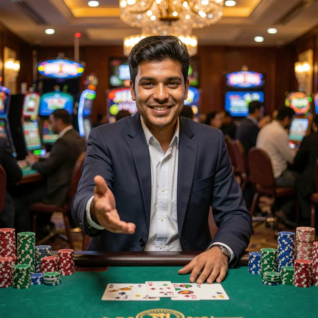 Confident Bangladeshi casino dealer welcoming players with an extended hand surrounded by glowing chips highlighting secure access at 995BDT