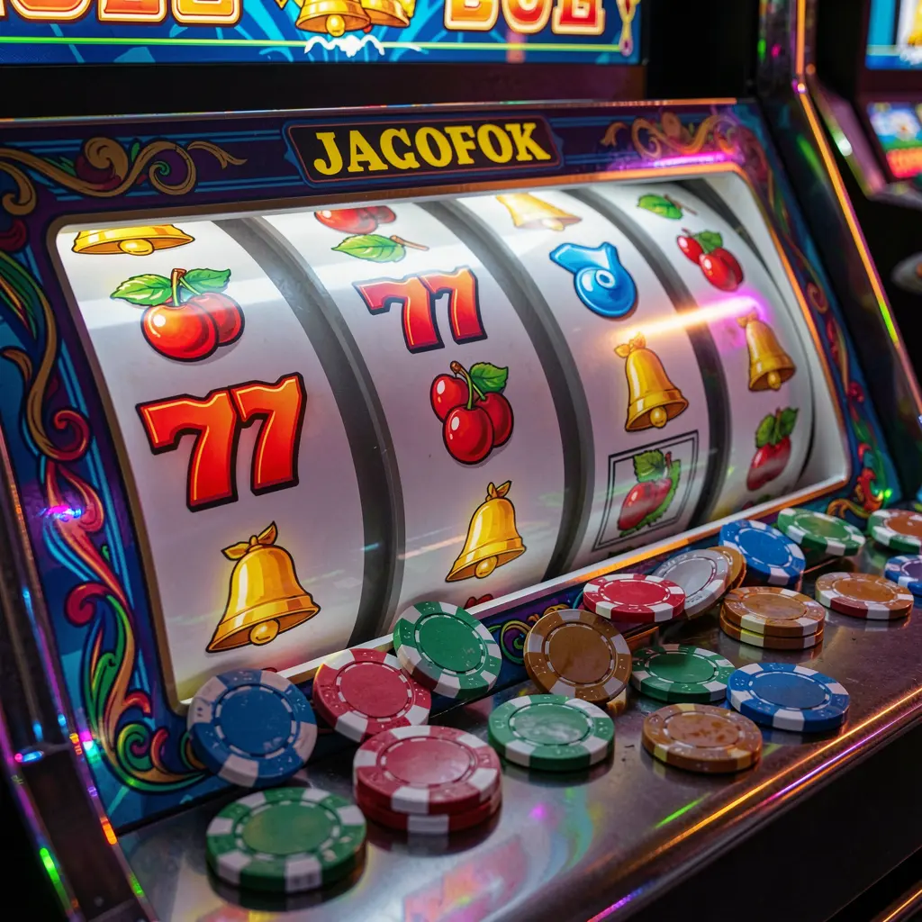 Classic casino slot machine with red sevens and golden bells surrounded by glowing chips representing premium online gaming at 995BDT for players in Bangladesh